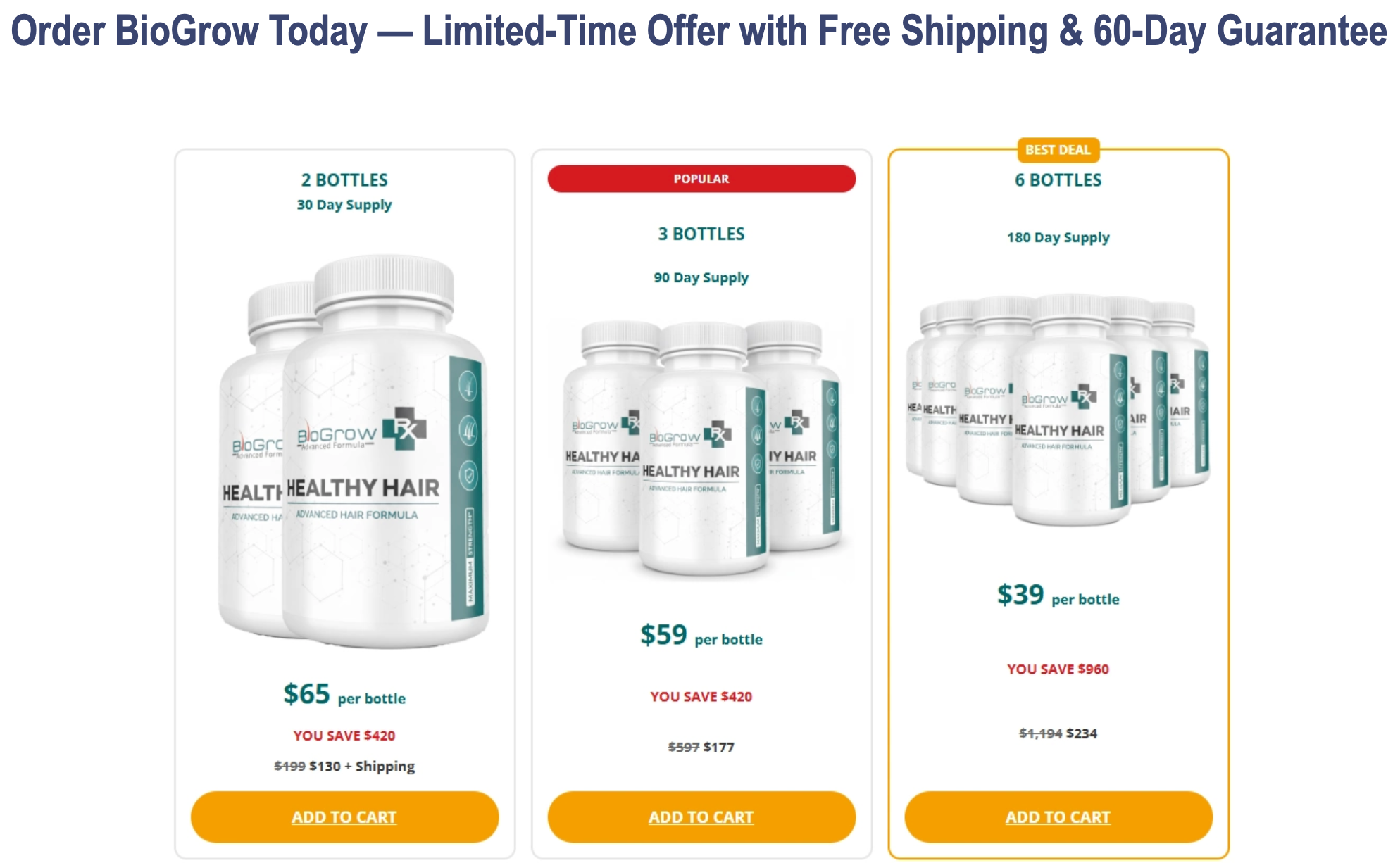 BioGrow Advanced Hair Regrowth pricing: 2, 3 and 6 bottle packages with savings