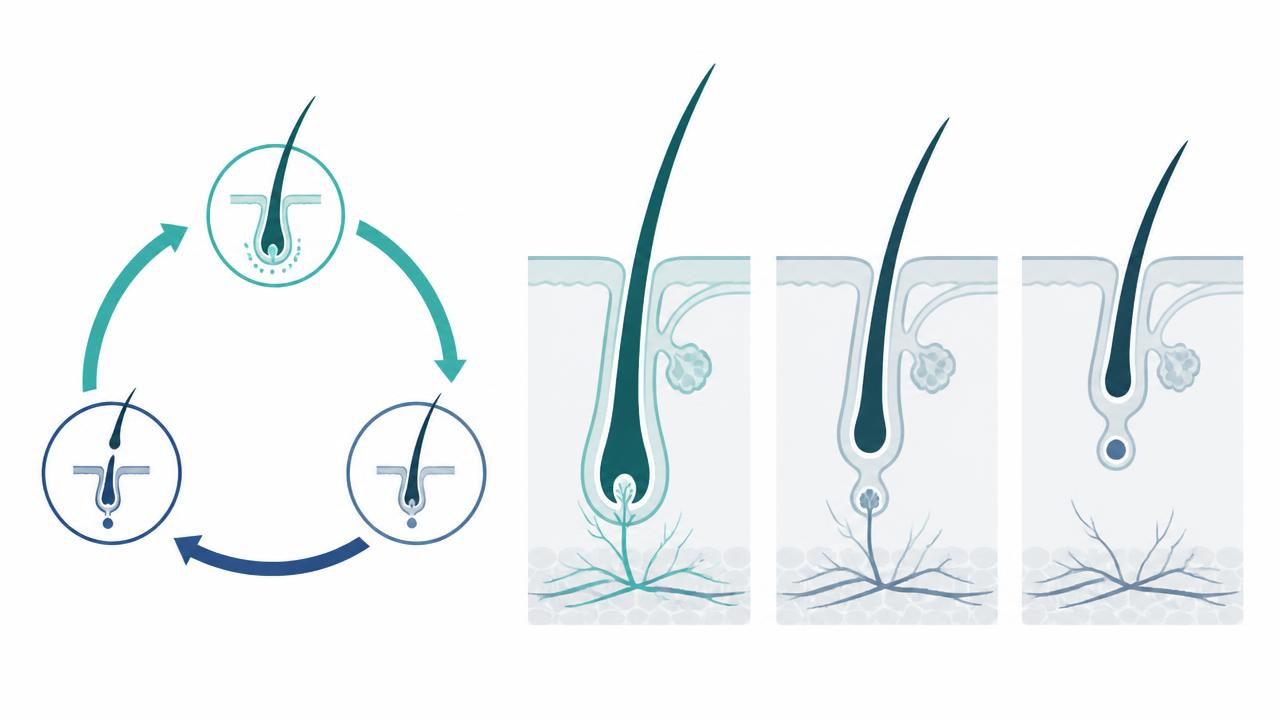 Diagram of the anagen, catagen and telogen hair growth cycle inside the follicle