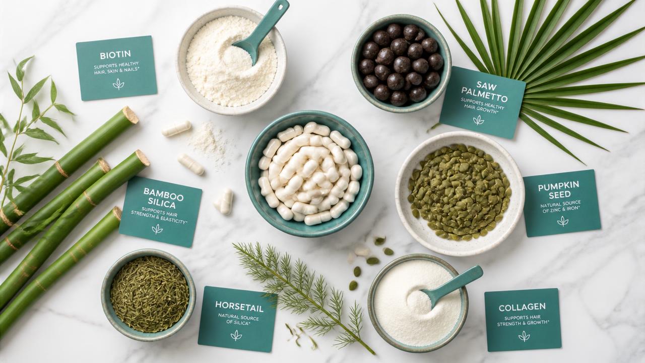 Natural hair supplement ingredients: biotin, saw palmetto, bamboo silica, horsetail, pumpkin seed and collagen